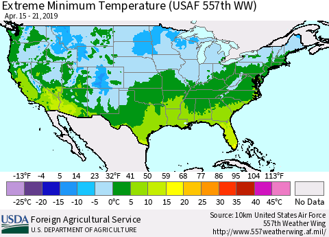 United States Minimum Daily Temperature (USAF 557th WW) Thematic Map For 4/15/2019 - 4/21/2019