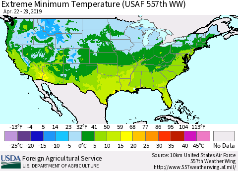 United States Minimum Daily Temperature (USAF 557th WW) Thematic Map For 4/22/2019 - 4/28/2019
