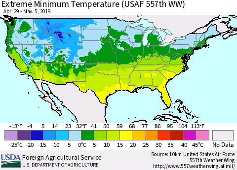 United States Minimum Daily Temperature (USAF 557th WW) Thematic Map For 4/29/2019 - 5/5/2019