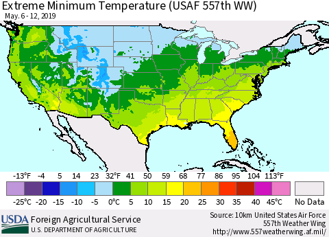 United States Minimum Daily Temperature (USAF 557th WW) Thematic Map For 5/6/2019 - 5/12/2019