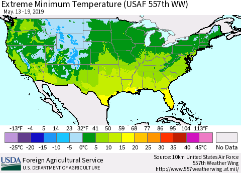 United States Minimum Daily Temperature (USAF 557th WW) Thematic Map For 5/13/2019 - 5/19/2019