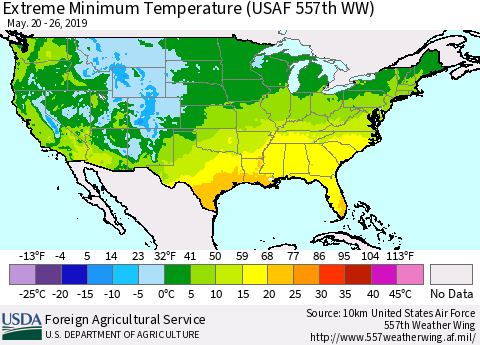 United States Minimum Daily Temperature (USAF 557th WW) Thematic Map For 5/20/2019 - 5/26/2019