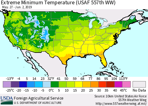 United States Minimum Daily Temperature (USAF 557th WW) Thematic Map For 5/27/2019 - 6/2/2019