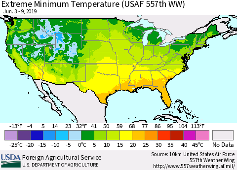 United States Minimum Daily Temperature (USAF 557th WW) Thematic Map For 6/3/2019 - 6/9/2019