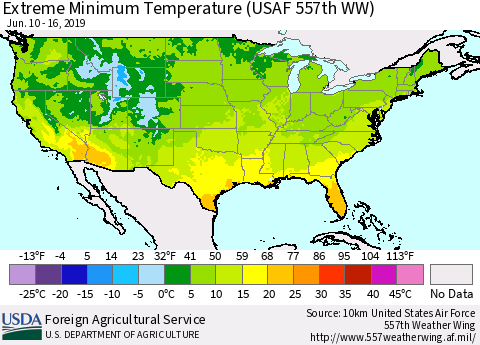 United States Minimum Daily Temperature (USAF 557th WW) Thematic Map For 6/10/2019 - 6/16/2019