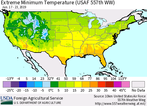 United States Minimum Daily Temperature (USAF 557th WW) Thematic Map For 6/17/2019 - 6/23/2019
