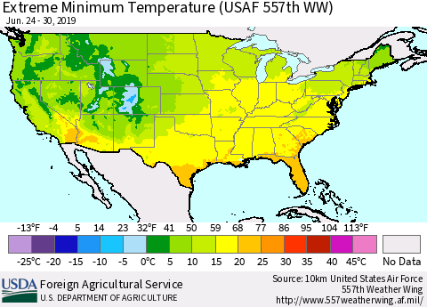 United States Minimum Daily Temperature (USAF 557th WW) Thematic Map For 6/24/2019 - 6/30/2019