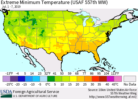United States Minimum Daily Temperature (USAF 557th WW) Thematic Map For 7/1/2019 - 7/7/2019