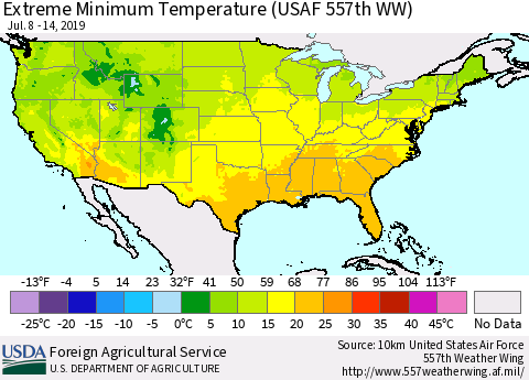 United States Minimum Daily Temperature (USAF 557th WW) Thematic Map For 7/8/2019 - 7/14/2019