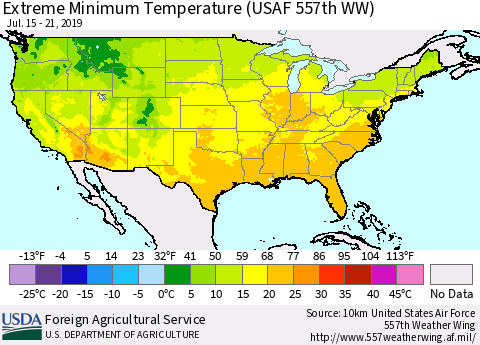 United States Minimum Daily Temperature (USAF 557th WW) Thematic Map For 7/15/2019 - 7/21/2019