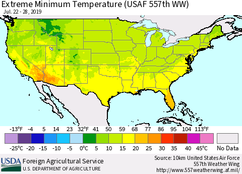 United States Minimum Daily Temperature (USAF 557th WW) Thematic Map For 7/22/2019 - 7/28/2019