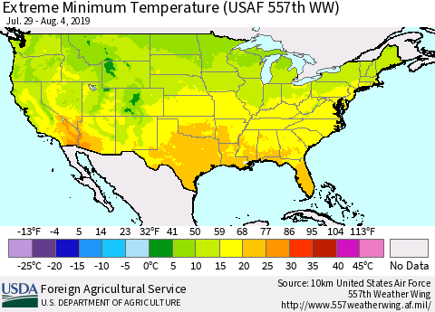 United States Minimum Daily Temperature (USAF 557th WW) Thematic Map For 7/29/2019 - 8/4/2019