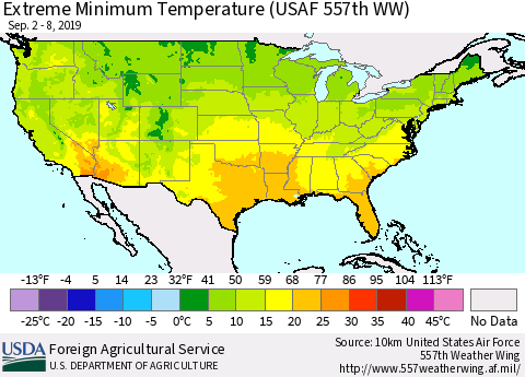 United States Minimum Daily Temperature (USAF 557th WW) Thematic Map For 9/2/2019 - 9/8/2019
