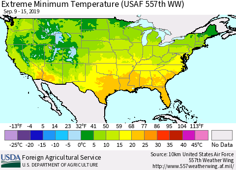 United States Extreme Minimum Temperature (USAF 557th WW) Thematic Map For 9/9/2019 - 9/15/2019