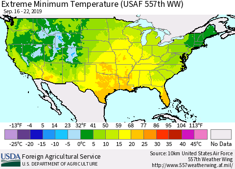 United States Extreme Minimum Temperature (USAF 557th WW) Thematic Map For 9/16/2019 - 9/22/2019