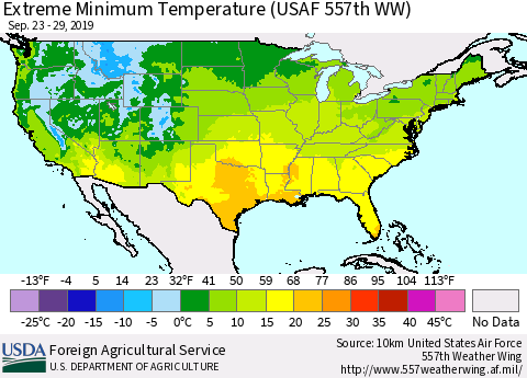 United States Minimum Daily Temperature (USAF 557th WW) Thematic Map For 9/23/2019 - 9/29/2019