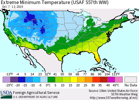 United States Extreme Minimum Temperature (USAF 557th WW) Thematic Map For 10/7/2019 - 10/13/2019
