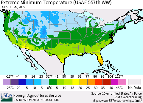 United States Extreme Minimum Temperature (USAF 557th WW) Thematic Map For 10/14/2019 - 10/20/2019