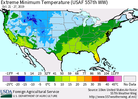 United States Extreme Minimum Temperature (USAF 557th WW) Thematic Map For 10/21/2019 - 10/27/2019
