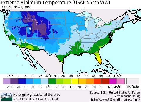 United States Extreme Minimum Temperature (USAF 557th WW) Thematic Map For 10/28/2019 - 11/3/2019