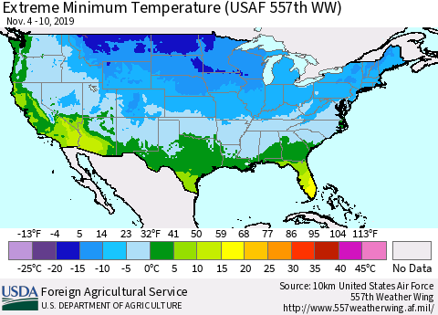 United States Extreme Minimum Temperature (USAF 557th WW) Thematic Map For 11/4/2019 - 11/10/2019