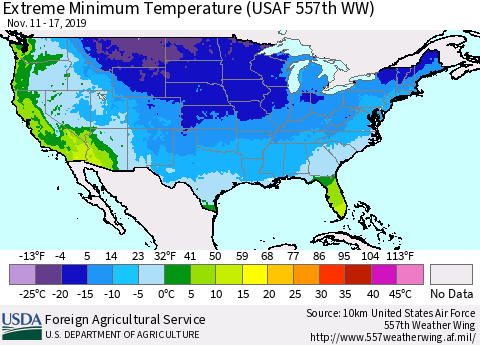 United States Extreme Minimum Temperature (USAF 557th WW) Thematic Map For 11/11/2019 - 11/17/2019