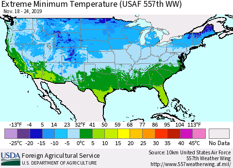 United States Minimum Daily Temperature (USAF 557th WW) Thematic Map For 11/18/2019 - 11/24/2019