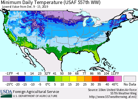 United States Minimum Daily Temperature (USAF 557th WW) Thematic Map For 12/9/2019 - 12/15/2019