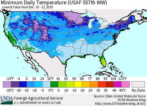 United States Extreme Minimum Temperature (USAF 557th WW) Thematic Map For 12/16/2019 - 12/22/2019