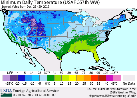 United States Extreme Minimum Temperature (USAF 557th WW) Thematic Map For 12/23/2019 - 12/29/2019