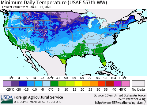 United States Extreme Minimum Temperature (USAF 557th WW) Thematic Map For 1/6/2020 - 1/12/2020