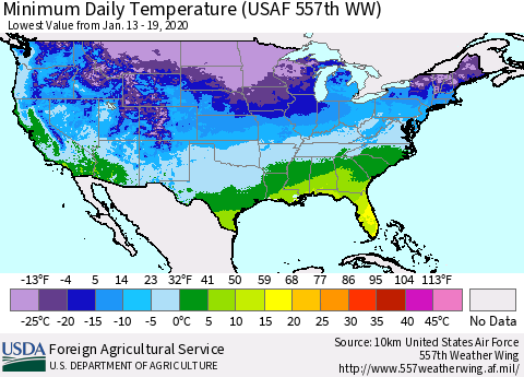 United States Minimum Daily Temperature (USAF 557th WW) Thematic Map For 1/13/2020 - 1/19/2020