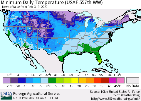 United States Extreme Minimum Temperature (USAF 557th WW) Thematic Map For 2/3/2020 - 2/9/2020