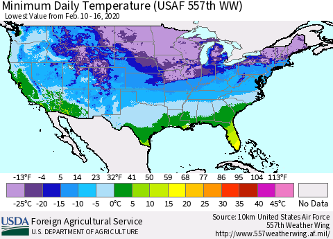 United States Extreme Minimum Temperature (USAF 557th WW) Thematic Map For 2/10/2020 - 2/16/2020