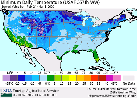 United States Extreme Minimum Temperature (USAF 557th WW) Thematic Map For 2/24/2020 - 3/1/2020