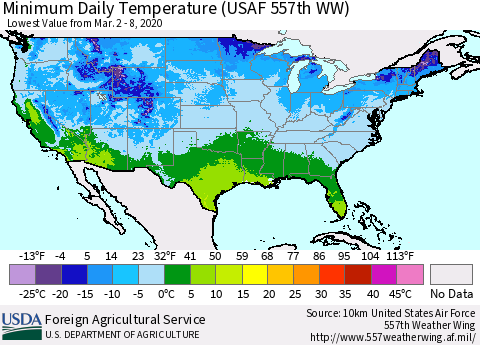 United States Extreme Minimum Temperature (USAF 557th WW) Thematic Map For 3/2/2020 - 3/8/2020