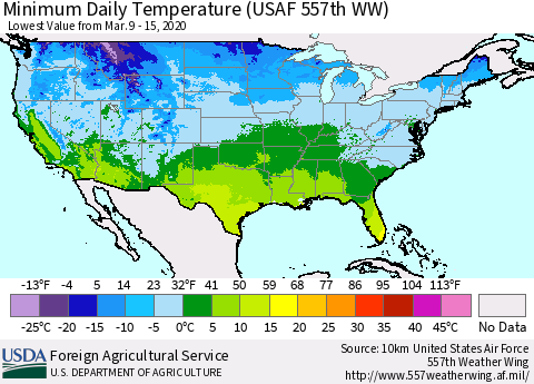 United States Minimum Daily Temperature (USAF 557th WW) Thematic Map For 3/9/2020 - 3/15/2020