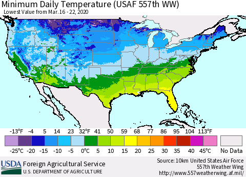 United States Extreme Minimum Temperature (USAF 557th WW) Thematic Map For 3/16/2020 - 3/22/2020