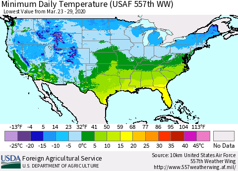 United States Extreme Minimum Temperature (USAF 557th WW) Thematic Map For 3/23/2020 - 3/29/2020