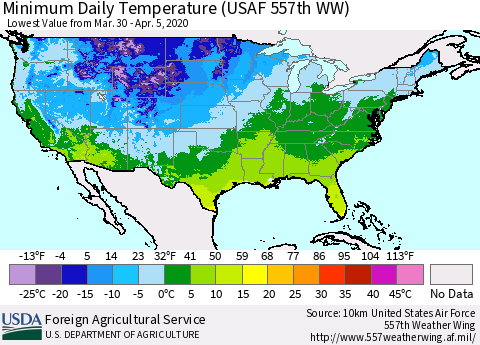 United States Extreme Minimum Temperature (USAF 557th WW) Thematic Map For 3/30/2020 - 4/5/2020