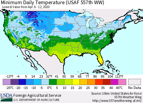 United States Minimum Daily Temperature (USAF 557th WW) Thematic Map For 4/6/2020 - 4/12/2020