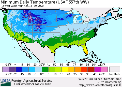 United States Minimum Daily Temperature (USAF 557th WW) Thematic Map For 4/13/2020 - 4/19/2020