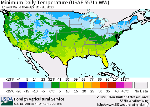 United States Minimum Daily Temperature (USAF 557th WW) Thematic Map For 4/20/2020 - 4/26/2020