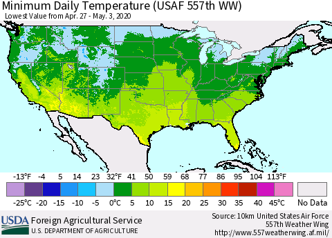 United States Minimum Daily Temperature (USAF 557th WW) Thematic Map For 4/27/2020 - 5/3/2020
