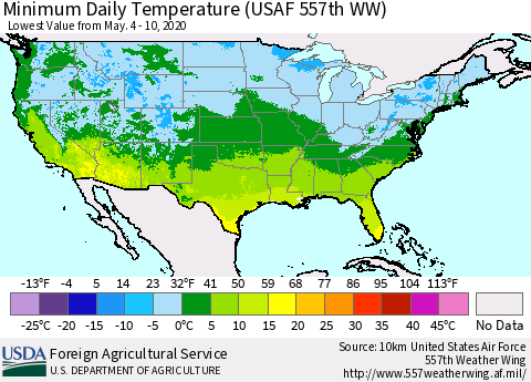United States Minimum Daily Temperature (USAF 557th WW) Thematic Map For 5/4/2020 - 5/10/2020