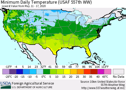 United States Minimum Daily Temperature (USAF 557th WW) Thematic Map For 5/11/2020 - 5/17/2020