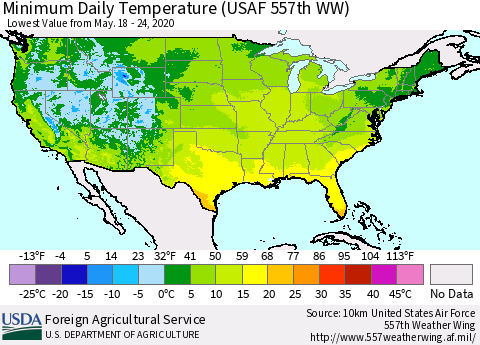 United States Minimum Daily Temperature (USAF 557th WW) Thematic Map For 5/18/2020 - 5/24/2020