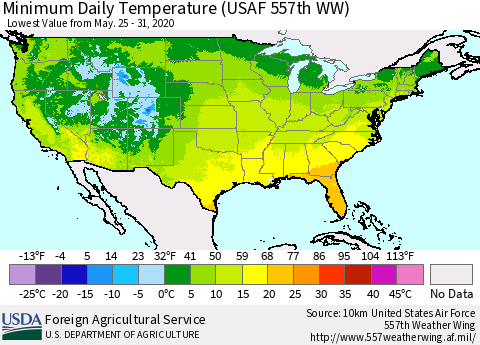 United States Minimum Daily Temperature (USAF 557th WW) Thematic Map For 5/25/2020 - 5/31/2020