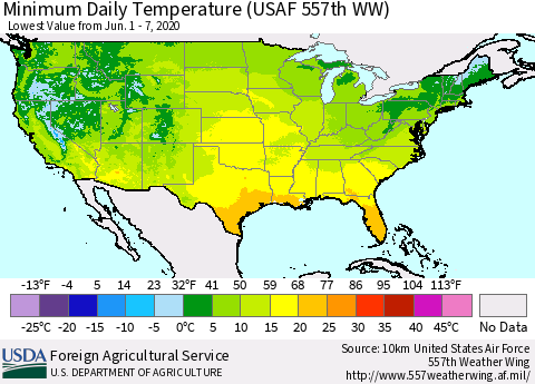 United States Extreme Minimum Temperature (USAF 557th WW) Thematic Map For 6/1/2020 - 6/7/2020