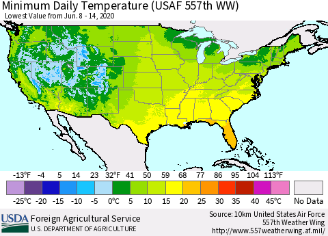 United States Minimum Daily Temperature (USAF 557th WW) Thematic Map For 6/8/2020 - 6/14/2020